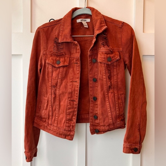 Refuge Button Up Denim Jacket Women's Long Sleeve Size XS Red Orange Brown Crop - Picture 1 of 7